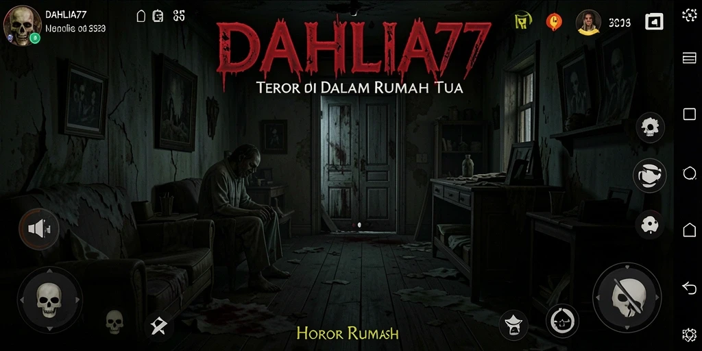 Antarmuka menakutkan dari game DAHLIA77 saat menjelajahi rumah angker.